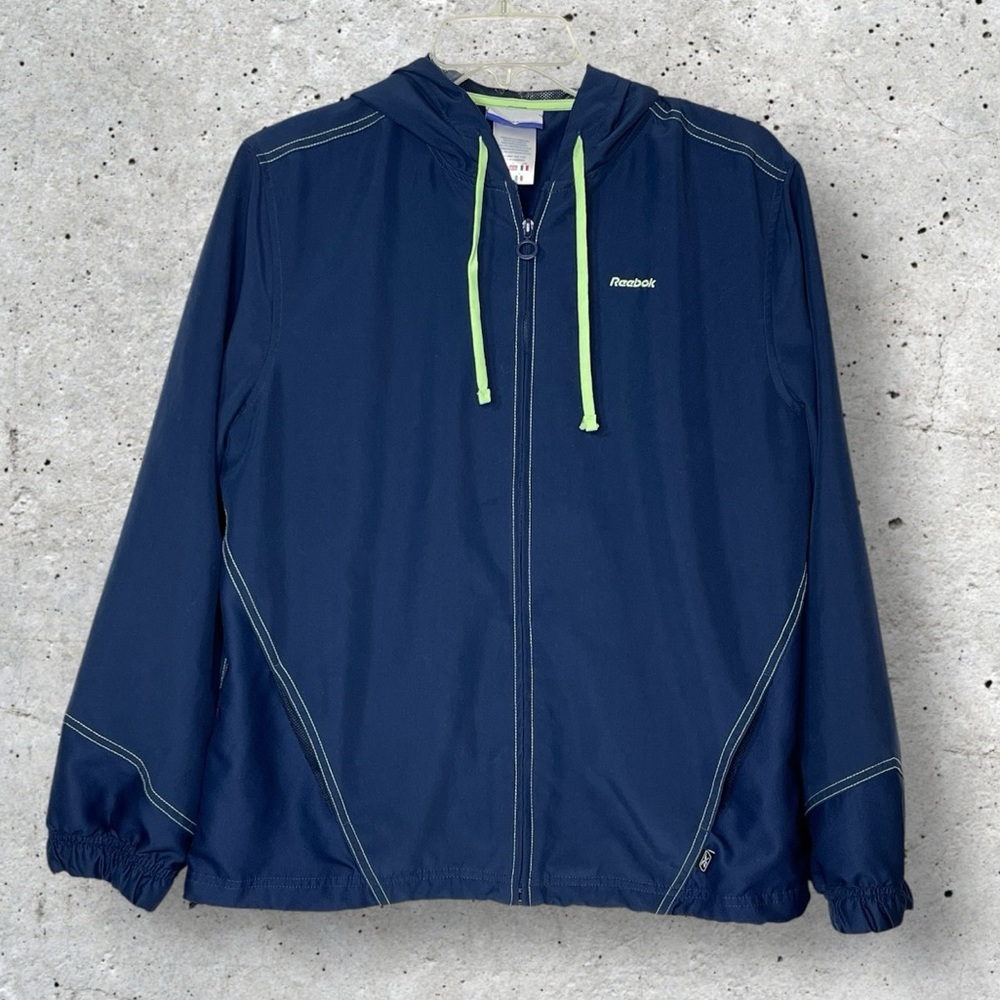 Reebok Blue with green Trim Windbreaker Jacket Pockets Mens‎ Large
